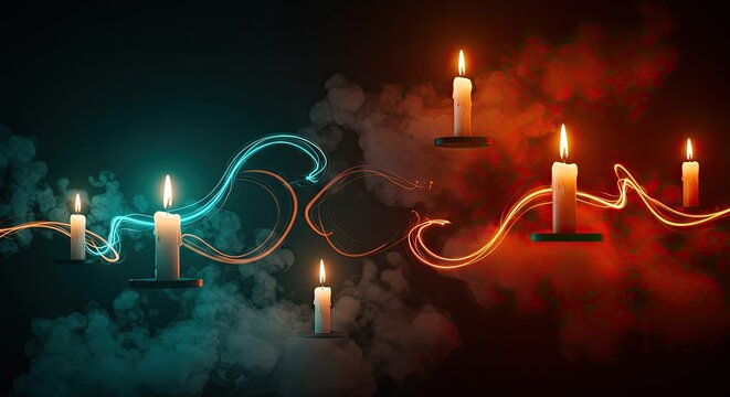 Elegant candles glow with mystic light trails in contrasting colors
