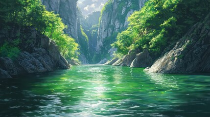 Green sparkling river with steep cliffs and lush greenery in sunlight