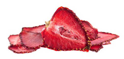 Dried strawberry slices isolated on white background. Dehydrated strawberries chips. Clipping path.