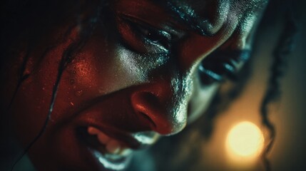 Close-up portraits of a terrified man in dramatic horror lighting and suspenseful mood