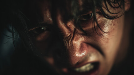 Close-up portraits of a terrified man in dramatic horror lighting and suspenseful mood