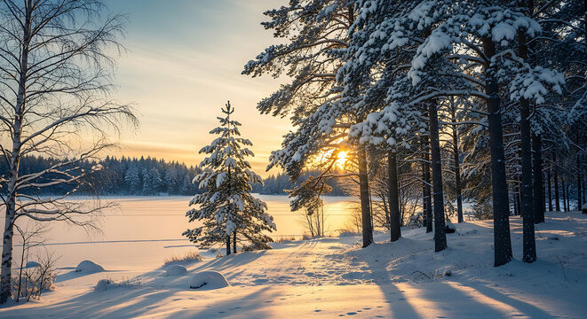 Serene winter forest bathed in golden sunlight, with snow-covered trees and a frozen lake. - Powered by Adobe