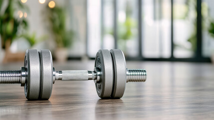 Fototapeta premium Close up of dumbbells on gym floor, showcasing fitness equipment and workout motivation