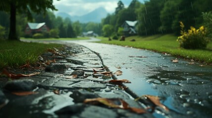 Fototapeta premium Rainy Pathway Through a Neighborhood