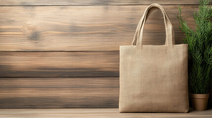Eco friendly recycled fabric bag on wooden background with plant
