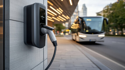 Electric bus charging station, modern design, urban setting, technology, eco friendly