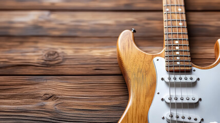 Fototapeta premium Close up of electric guitar on wooden surface, showcasing craftsmanship and design details