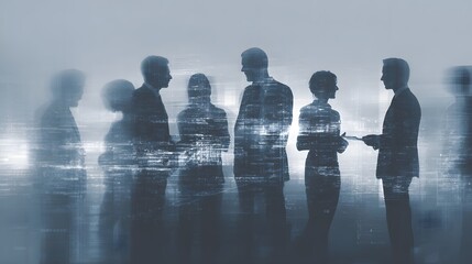 Professional business leaders standing together, engaged in a tech-driven business conversation