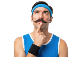Athletic man with mustache pondering thoughtful gesture considering future plans workout idea isolated on transparent background