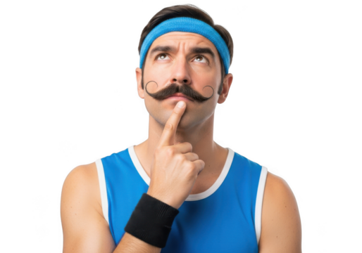 Athletic man with mustache pondering thoughtful gesture considering future plans workout idea isolated on transparent background