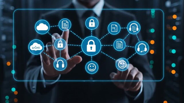 Network Security Diagram Overlay On Man In Dark Server Room - Powered by Adobe