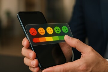 Businessman holding smartphone with customer satisfaction emoticon rating scale
