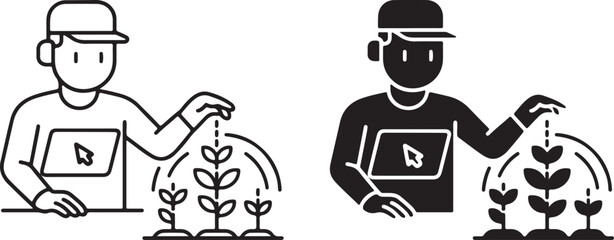 Digital Farmer Growing Plants with Cursor Symbol Icon, Line Art and Silhouette Style