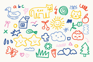 Colorful Hand Drawn Doodle Set of Cute Objects and Symbols. Perfect for kids’ illustrations, creative projects, stationery, stickers, and educational materials.