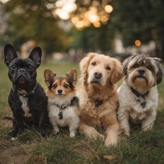 Diverse Dog Breeds Gathering in New York Park: French Bulldog, Chihuahua, Golden Retriever, and Shih Tzu Sitting Together on the Grass on a Sunny Day.