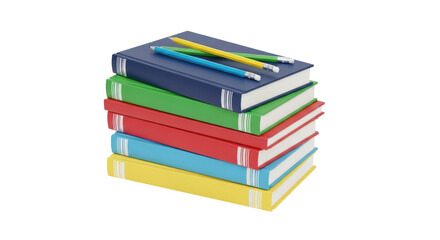 Isolated stack of colorful books with pencils on top for education or learning concepts