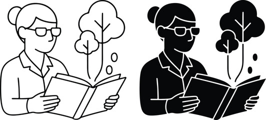 Woman Reading Book with Growing Tree Icon, Line Art and Silhouette Style