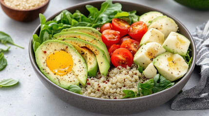 Fresh salad bowl with avocado, quinoa, cherry tomatoes, and spinach, offering healthy meal