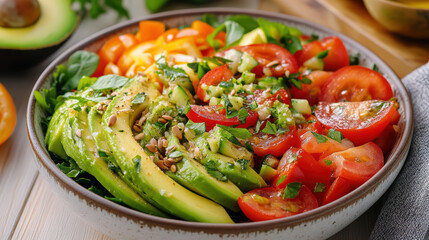 Fresh salad with avocado, tomatoes, and greens, vibrant and healthy