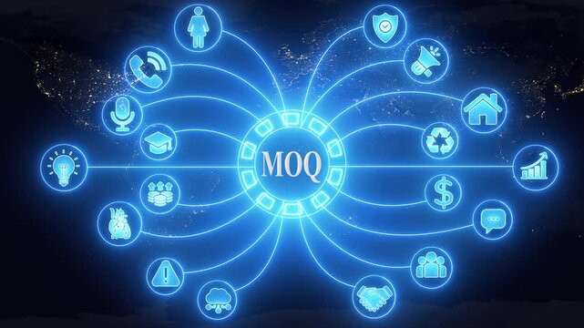 Global business network connections concept with glowing icons M O Q central hub over earth at night digital technology communication data flow