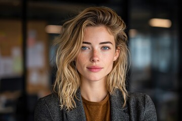 Fototapeta premium Confident blonde woman with freckles in professional portrait looking directly at camera for inspiring business or lifestyle project