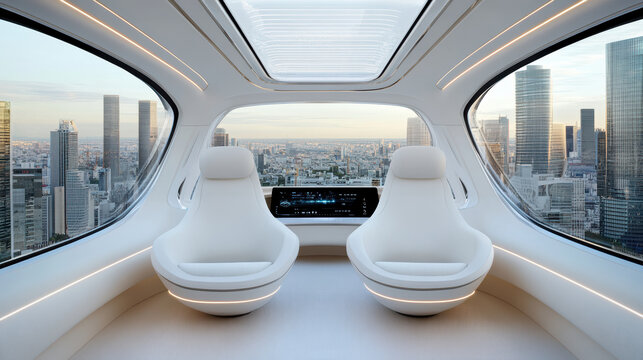Futuristic flying car interior with sleek design and panoramic city view, showcasing modern