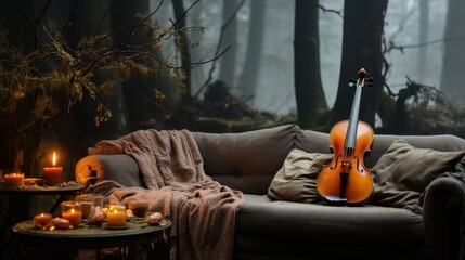 Fototapeta premium Cozy Violin Scene in Forest Ambiance