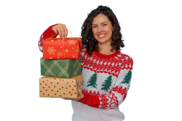 Woman in christmas sweater holding holiday gifts, smiling, feeling festive joy and happiness, transparent background