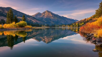 Mountains rise majestically beside a calm lake filled with autumn hues. The sky transitions to soft colors as the sun sets, creating a serene atmosphere in nature - Powered by Adobe