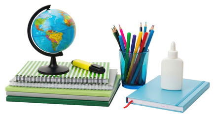 Isolated school supplies stack with globe, glue, colored pencils, and marker, studio shot