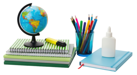 Isolated school supplies stack with globe, glue, colored pencils, and marker, studio shot