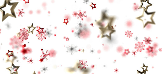 Festive winter design with red and gold stars and snowflakes on white. Perfect for holidays.