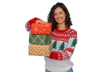 Woman wearing ugly christmas sweater holding stack of holiday gifts, smiling festive season, transparent background