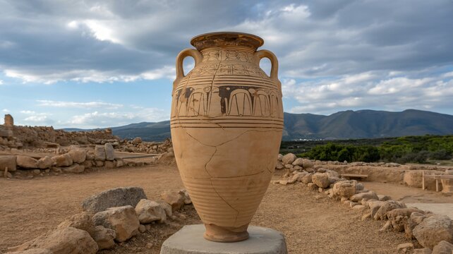 Ancient Minoan Pithos vessel with intricate black frieze artwork stands at archaeological site with mountains backdrop