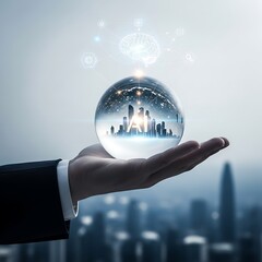 AI Cityscape in Crystal Ball on Hand.