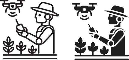 Farmer Controlling Drone over Crops in Modern Agriculture Icon, Line Art and Silhouette Style