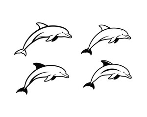 Fototapeta premium Four stylized black and white line art illustrations of playful dolphins leaping and swimming in the ocean water