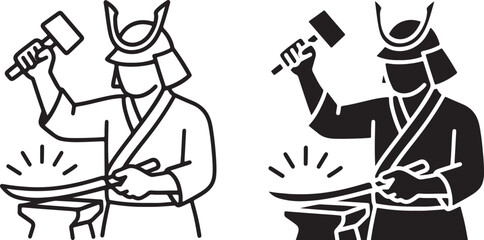 Samurai Blacksmith Icon Forging Sword with Hammer in Line Art and Silhouette Style