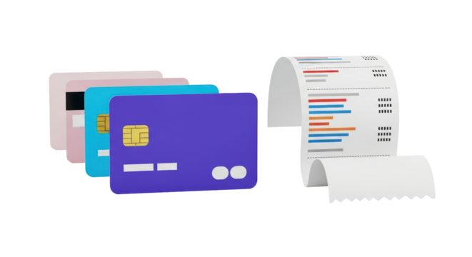 Isolated cards and receipt showing a cashless method of payment for retail purchases