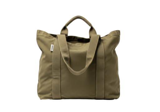 faded olive green, well-used organic cotton canvas tote bag with reinforced handles, isolated on a transparent background with copy space, studio lit, embodying sustainable everyday utility