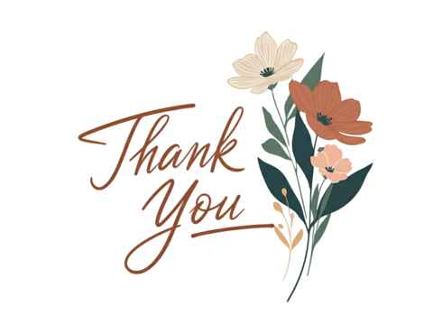 A floral "Thank You" card featuring stylized flowers and elegant script, expressing gratitude. - Powered by Adobe