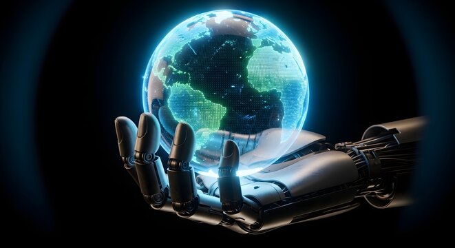 A robotic hand cradles a glowing, holographic Earth, symbolizing advanced technology and global connectivity.