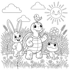 Fototapeta premium Friends coloring page. Cute cartoon animal illustration. Adorable rabbit, turtle, and frog standing together in a field with flowers. Fun printable activity sheet for kids.