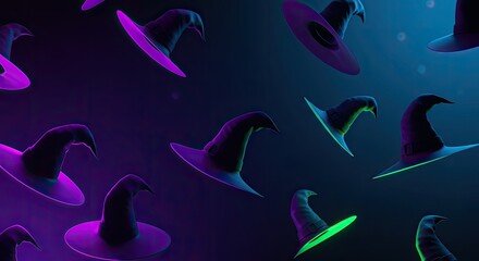 Enchanting Halloween witch hats illuminated with neon purple and green