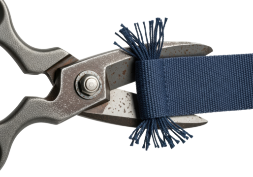 Industrial cast-iron shears with dark patina and wear, cutting a frayed navy blue canvas strap, extreme close-up on white, concept of robust utility and precision.