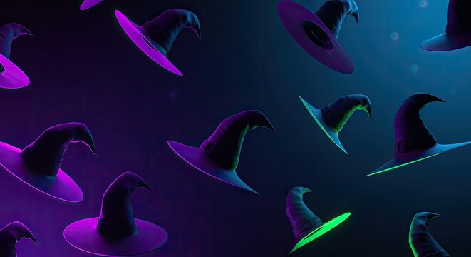 Enchanting Halloween witch hats illuminated with neon purple and green