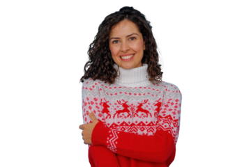 Woman smiling, wearing festive christmas reindeer sweater, winter season joy, transparent background