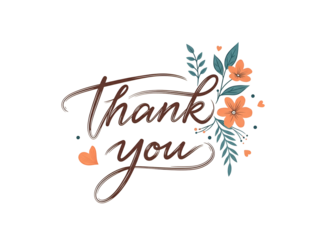 Elegant handwritten "Thank You" script with orange flowers and green leaves, hearts.