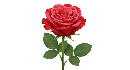 Fototapeta premium Isolated Red Rose Flower with Green Leaves on Stem Elegant Romance Valentine, no background