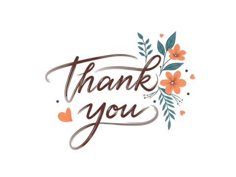 Elegant handwritten "Thank You" script with orange flowers and green leaves, hearts.